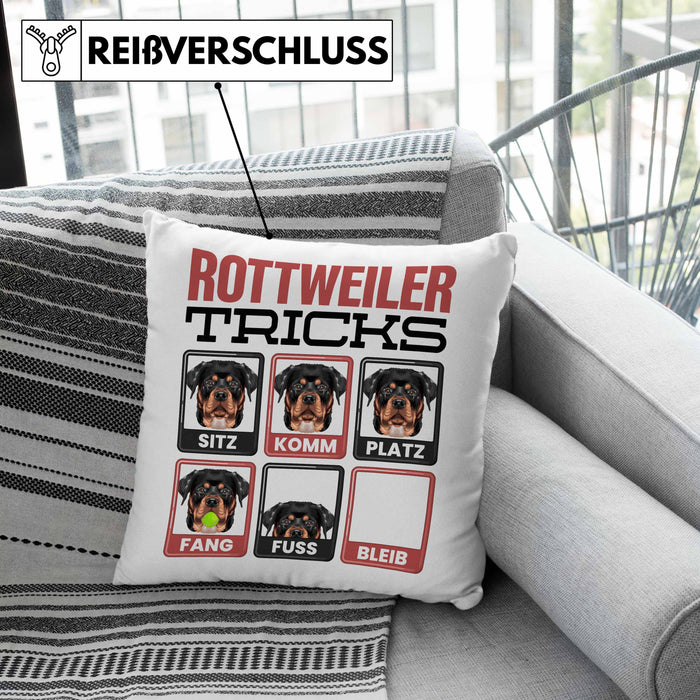 Rottweiler Besitzer Kissen mit Füllung 40x40 Geschenk Lustiger Spruch Geschenkidee Rottweiler Tricks Bleib (Grau) Grün Trendation