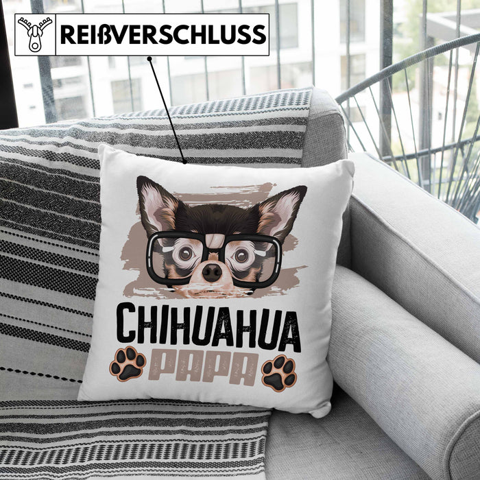 Chihuahua Papa Besitzer Kissen mit Füllung 40x40 Geschenk Lustiger Spruch Geschenkidee Chihuahua Liebhaber (Grau) Rosa Trendation