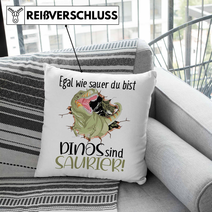 Dinosaurier Spruch Kissen mit Füllung 40x40 Geschenk Jungs Jungen Egal Wie Sauer Du Bist Dinos Sind Saurier (Grau) Grün Trendation