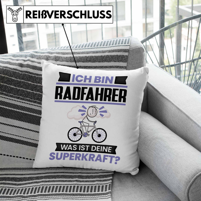 Radfahrer Kissen mit Füllung 40x40 Geschenk für Radfahrer Geburtstag Lustiger Spruch Was Ist Deine Superkraft (Grau) Blau Trendation