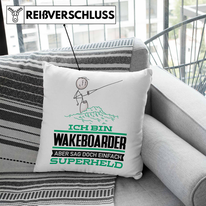 Wakeboarder Geschenk Kissen mit Füllung 40x40 Ich Bin Wakeboarder Aber Sag Doch Einfach Superheld Lustige Geschenkdiee für Wakeboarder (Grau) Blau Trendation