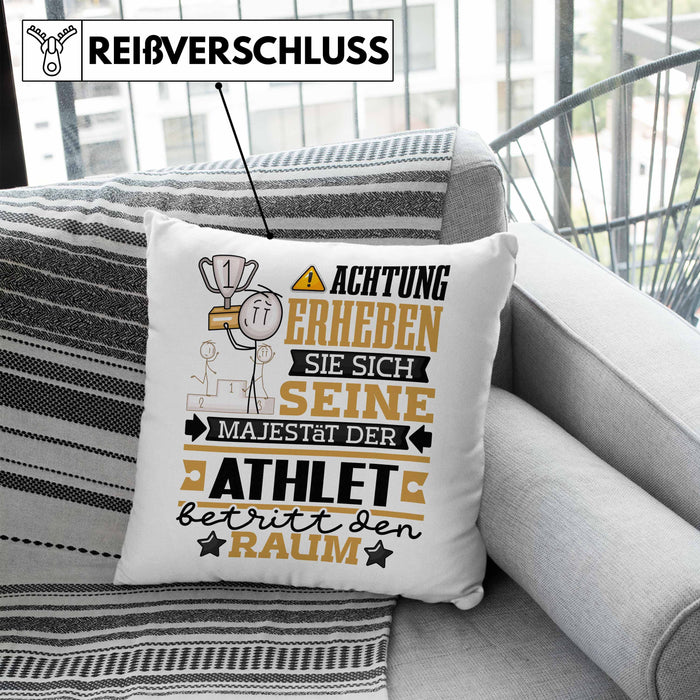 Athlet Geschenk Kissen mit Füllung 40x40 Lustiger Spruch Erheben Sie Sich Der Athlet Betritt den Raum (Grau) Blau Trendation