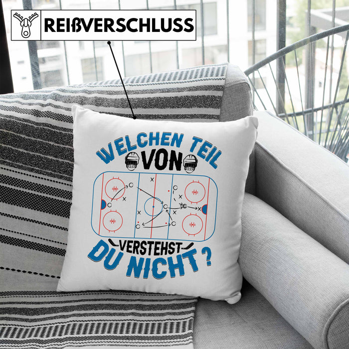 Eishockey Trainer Geschenk Kissen mit Füllung 40x40 Coach Eis-Hockey Spieler Geschenkidee Eishockeyspieler Geschenkdiee Welchen Teil Von Verstehst Du Nicht (Grau) Blau Trendation