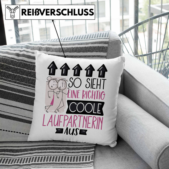 Laufpartnerin Geschenk Kissen mit Füllung 40x40 Lustig Geschenkidee für Laufpartnerin Geburtstag So Sieht Eine Richtig Coole Laufpartnerin Aus Frauen Spruch (Grau) Blau Trendation
