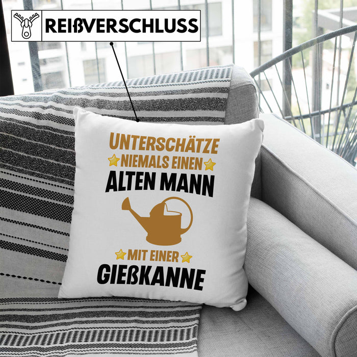 Alter Mann Gärtner Kissen mit Füllung 40x40 mit Spruch Garten Hobbygärtner Geschenk Lustig (Grau) Blau Trendation