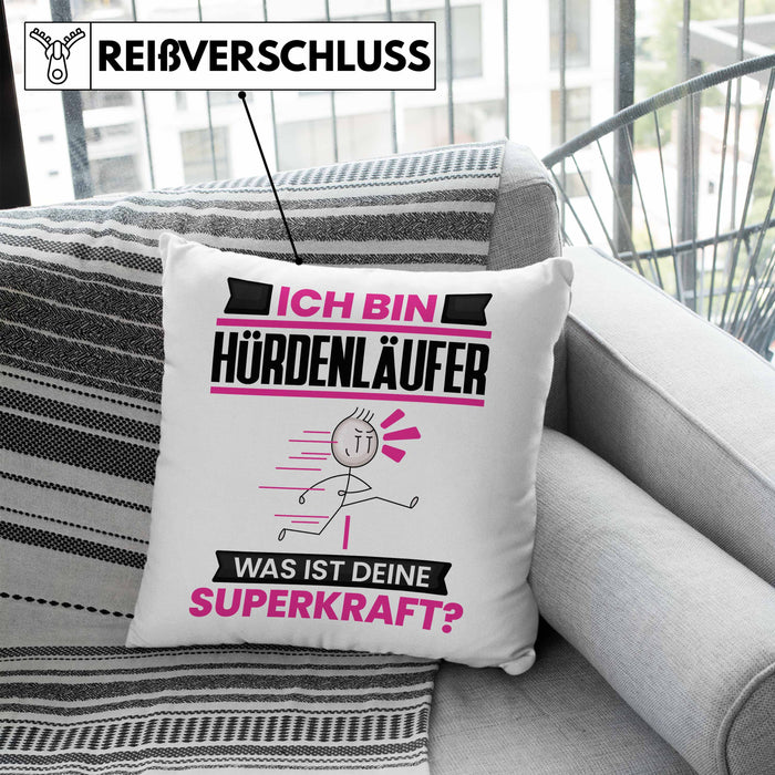 Hürdenläufer Kissen mit Füllung 40x40 Geschenk für Hürdenläufer Geburtstag Lustiger Spruch Was Ist Deine Superkraft (Grau) Blau Trendation