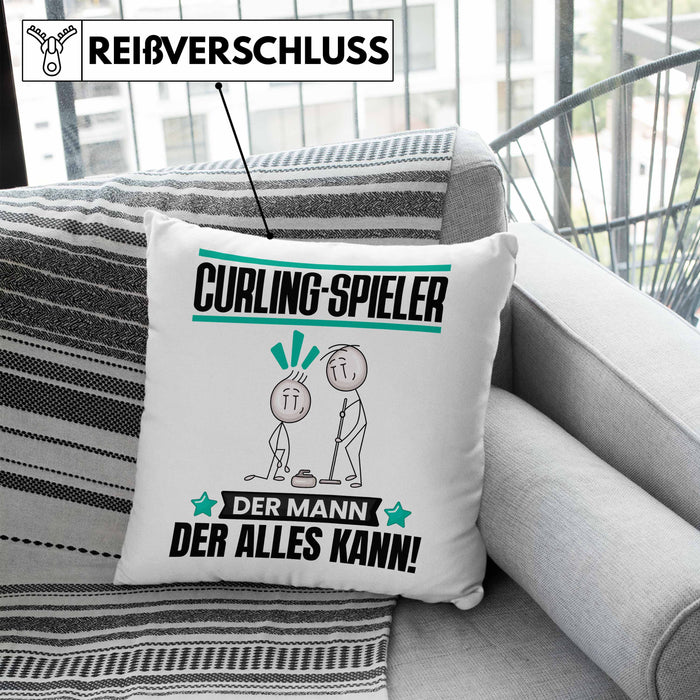 Curling-Spieler Kissen mit Füllung 40x40 Geschenk für Curling-Spieler Der Mann Der Alles Kann Geschenkidee zum Geburtstag (Grau) Blau Trendation