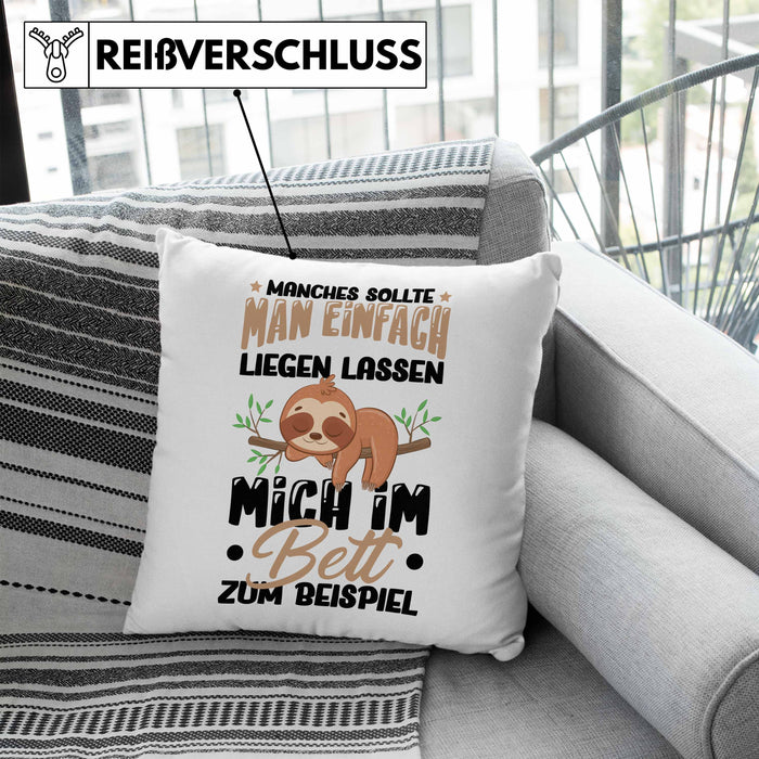 Faultier Kissen mit Füllung 40x40 Geschenk Faullenzer Manches Sollte Man Einfach Liegen Lassen Mich Im Bett Zum Beispiel Freundin Geschenkidee (Grau) Blau Trendation
