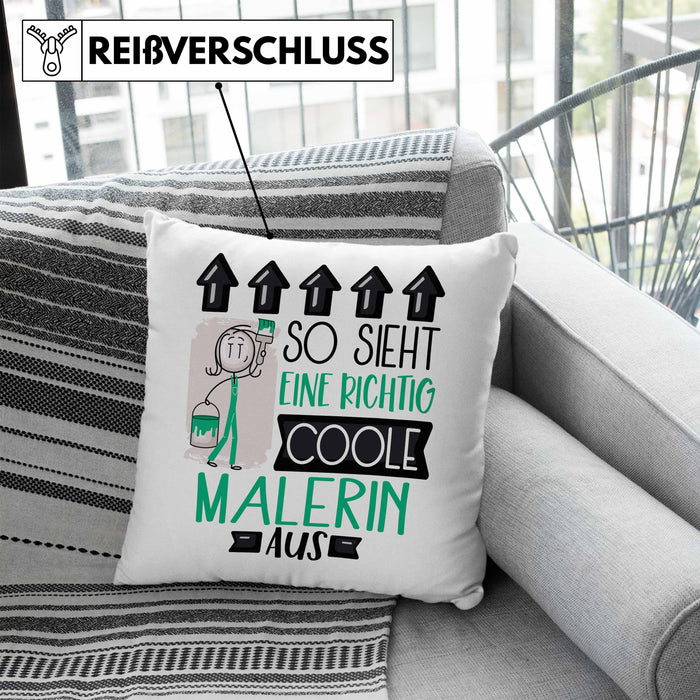 Malerin Geschenk Kissen mit Füllung 40x40 Lustig Geschenkidee für Malerin Geburtstag So Sieht Eine Richtig Coole Malerin Aus Frauen Spruch (Grau) Blau Trendation
