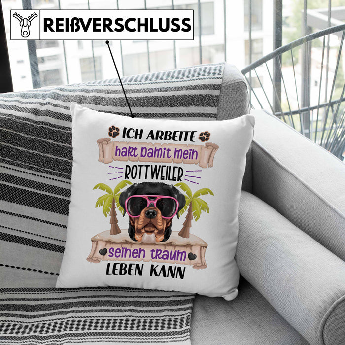 Rottweiler Besitzer Kissen mit Füllung 40x40 Geschenk Lustiger Spruch Geschenkidee Ich Arbeite Hart Damit Mein Rottweiler Seinen Traum Leben Kann (Grau) Rosa Trendation