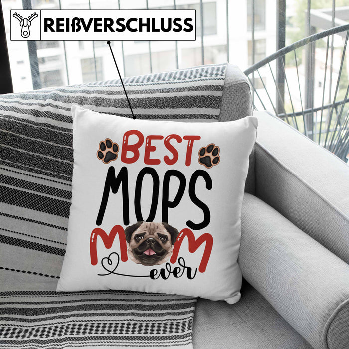 Mops Mom Besitzerin Kissen mit Füllung 40x40 Geschenk Lustiger Spruch Geschenkidee Besitzerin Mops Mama (Grau) Grau Trendation