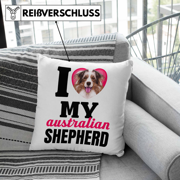 Australian Shepherd Besitzerin Kissen mit Füllung 40x40 Geschenk Lustiger Spruch Geschenkidee I Love My Australian Shepherd (Grau) Grün Trendation