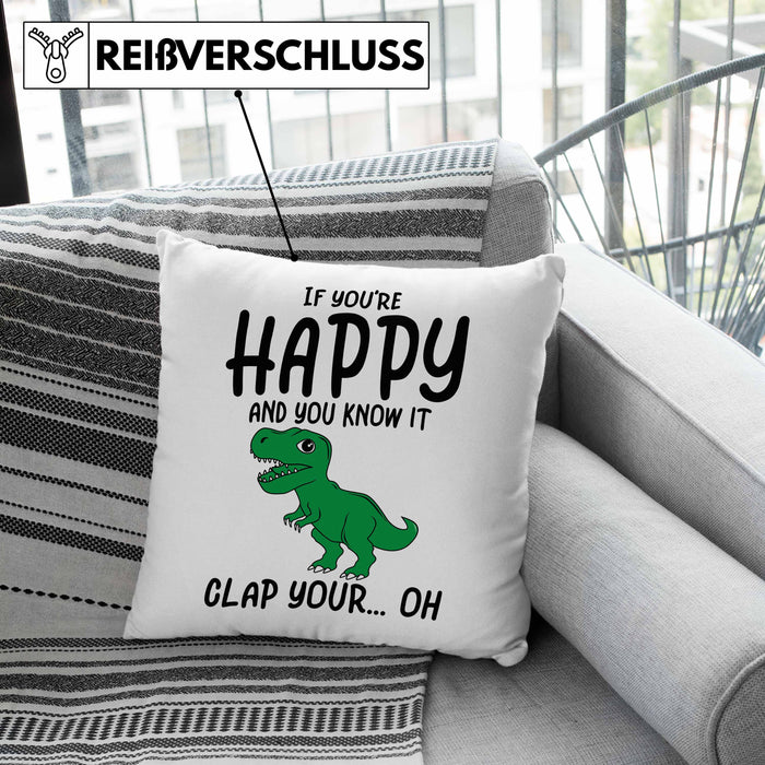 T-Rex Dino Kissen mit Füllung 40x40 Geschenk Wenn Du Glücklich Bist Und Du Es Weißt Klatsche Geschenkidee Dinosaurier Fans (Grau) Rosa Trendation