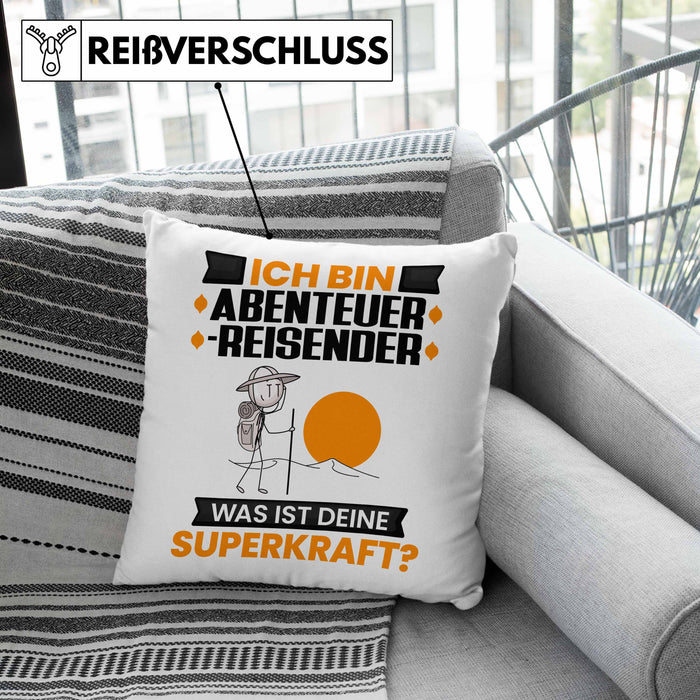Abenteurreisender Kissen mit Füllung 40x40 Geschenk für Abenteurreisender Geburtstag Lustiger Spruch Was Ist Deine Superkraft (Grau) Grau Trendation
