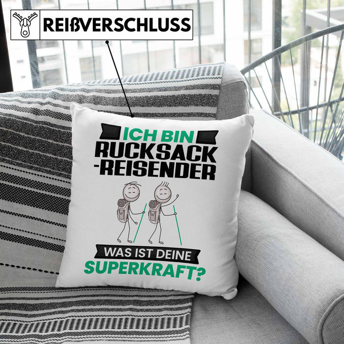 Rucksackreisender Kissen mit Füllung 40x40 Geschenk für Rucksackreisender Geburtstag Lustiger Spruch Was Ist Deine Superkraft (Grau) Rosa Trendation
