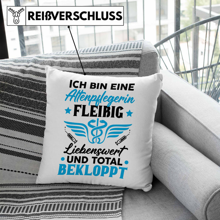 Altenpflegerin Kissen mit Füllung 40x40 Geschenk Altenpflege Geschenkidee Liebenswert und Total Bekloppt Altenheim (Grau) Blau Trendation