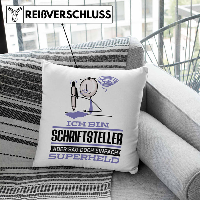 Schriftsteller Geschenk Kissen mit Füllung 40x40 Ich Bin Schriftsteller Aber Sag Doch Einfach Superheld Lustige Geschenkdiee für Schriftsteller (Grau) Blau Trendation
