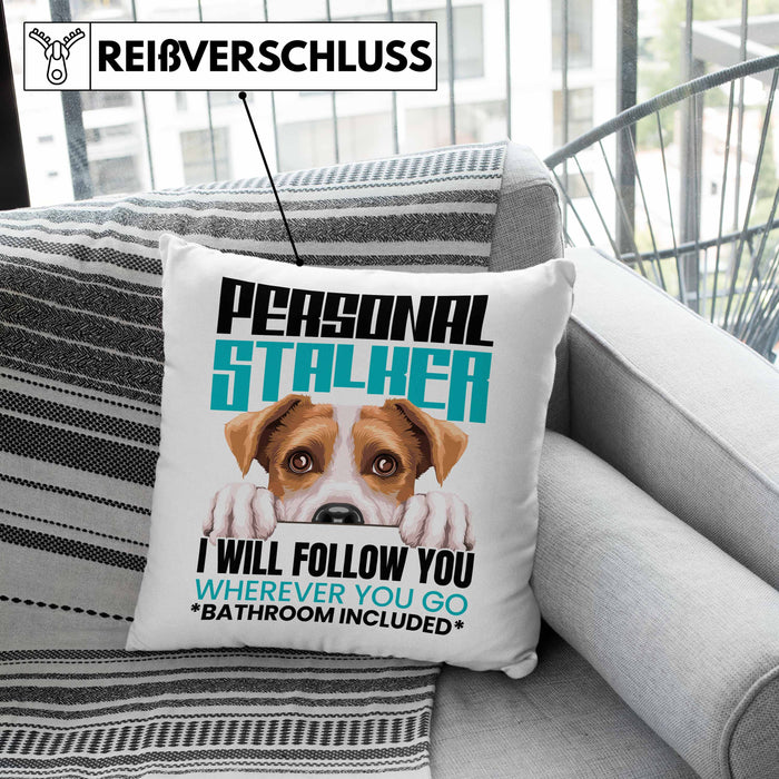 Jack Russell Besitzerin Kissen mit Füllung 40x40 Geschenk Lustiger Spruch Geschenkidee Personal Stalker (Grau) Rosa Trendation