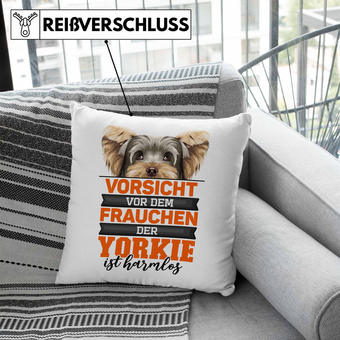 Yorkie-Besitzer Geschenk Kissen mit Füllung 40x40 Hund Yorkie Liebhaber Geschenkidee Vorsicht Vor Dem Frauchen Der Yorkie Ist Harmlos (Grau) Blau Trendation