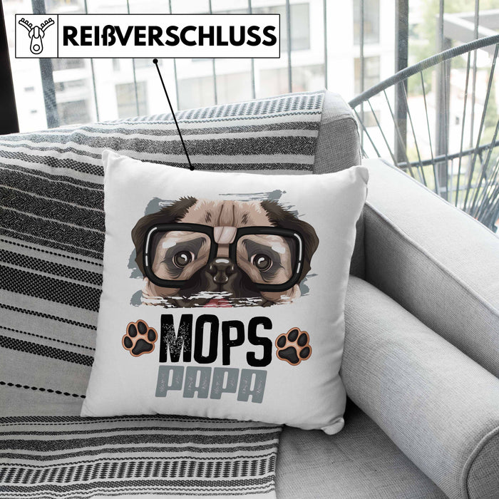 Mops Papa Besitzer Kissen mit Füllung 40x40 Geschenk Lustiger Spruch Geschenkidee Mops Liebhaber (Grau) Rosa Trendation