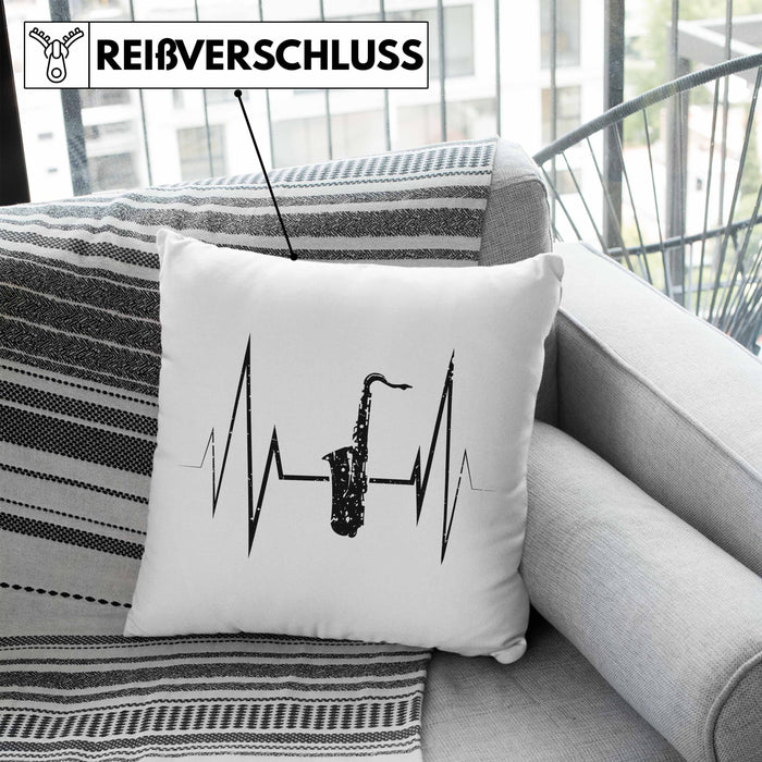 Saxophon Kissen mit Füllung 40x40 Geschenk Herzschlag Saxophonist Kaffee Geschenkidee Lustig (Grau) Blau Trendation