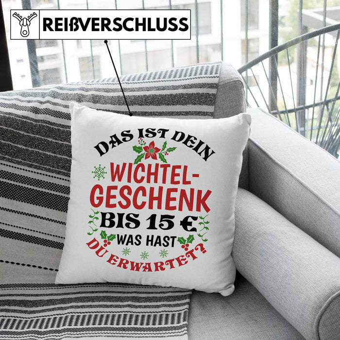 Wichtelgeschenk für 15 Euro Kissen mit Füllung 40x40 Wichteln für Frauen Kollegen Wichtel-Kissen mit Füllung 40x40 Das Ist Dein Wichtelgeschenk bis 15€ Was Hast du Erwartet Schrottwichteln (Grau) Grün Trendation