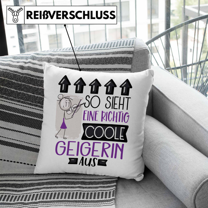 Geigerin Geschenk Kissen mit Füllung 40x40 Geschenkidee für Geigerin Geburtstag Weihnachten Spruch So Sieht Eine Richtig Coole Geigerin Aus (Grau) Blau Trendation