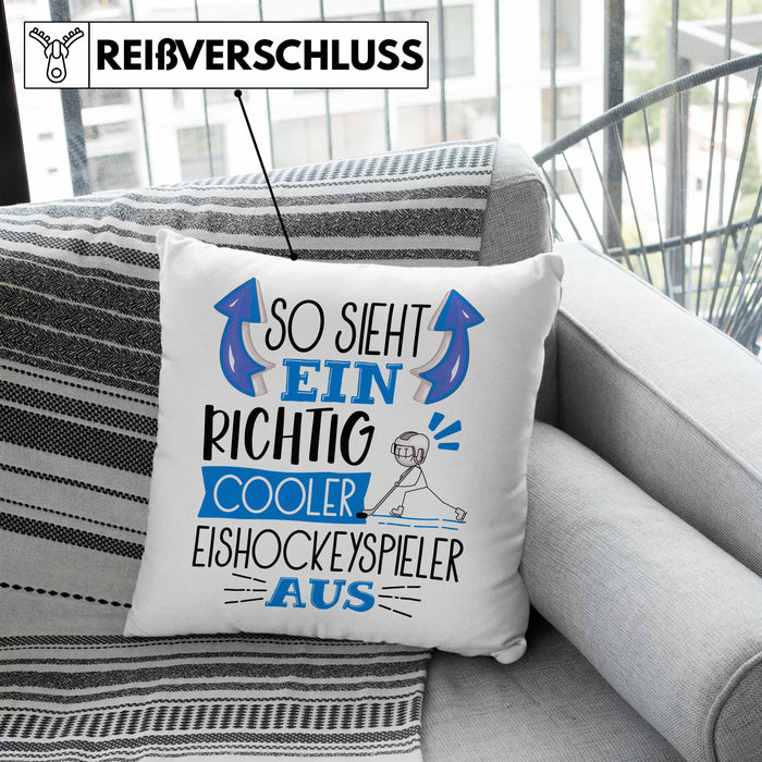 So Sieht Ein Richtig Cooler Eishockeyspieler Aus Geschenk Kissen mit Füllung 40x40 Lustiger Spruch Geschenkidee (Grau) Blau Trendation