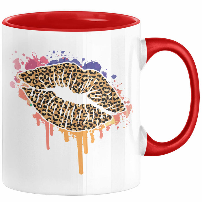 Leoparden Lippen Tasse Geschenk Cool Lips Kiss Leopardenmuster Kaffee-Tasse Geschenkidee Rot Trendation