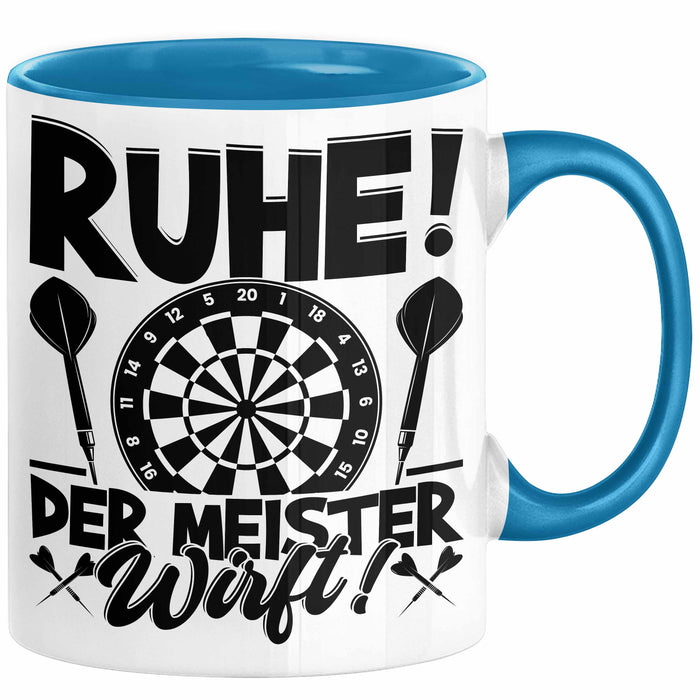 Dart-Spieler Geschenk Tasse Kaffee-Becher Darts Geschenkidee Spruch Geburtstag Ruhe Der Meister Wirft Blau Trendation