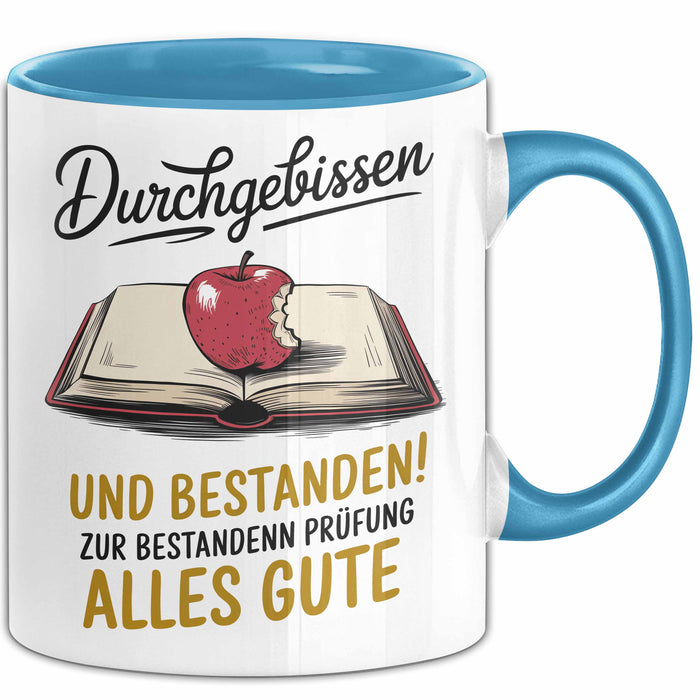 Schüler Abschluss Tasse Geschenk Lustige Geschenkidee Spruch Durchgebissen Und Bestanden Blau Trendation