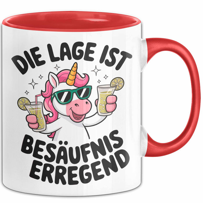 Einhorn Trinken Liebhaber Sarkasmus Tasse Becher Geschenk Lustige Geschenkidee Spruch Die Lage Ist Besäufniserregend Rot Trendation