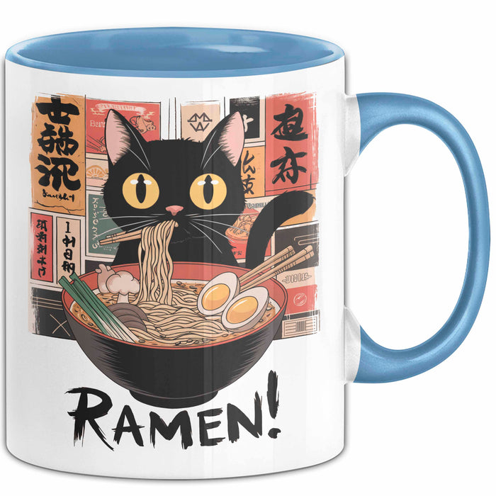 Katzen Tierliebhaber Tasse Geschenk Lustige Geschenkidee Spruch Katze Isst Ramen Nudeln Blau Trendation