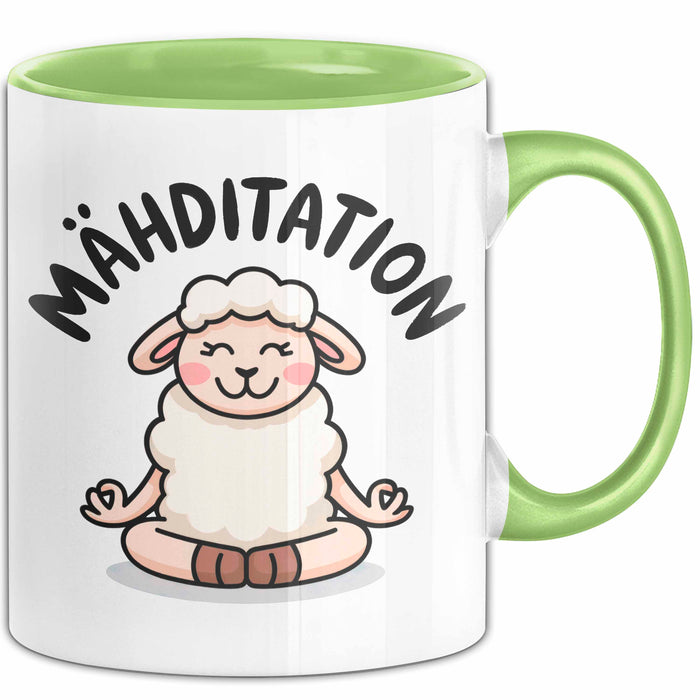 Schaf Tier Bauer Tasse Becher Geschenk Lustige Geschenkidee Spruch Mahditation Grün Trendation