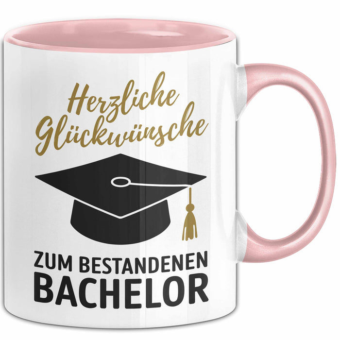 Schüler Abschluss Tasse Geschenk Lustige Geschenkidee Spruch Herzliche Glückwünsche Zum Bestandenen Bachelor Rosa Trendation