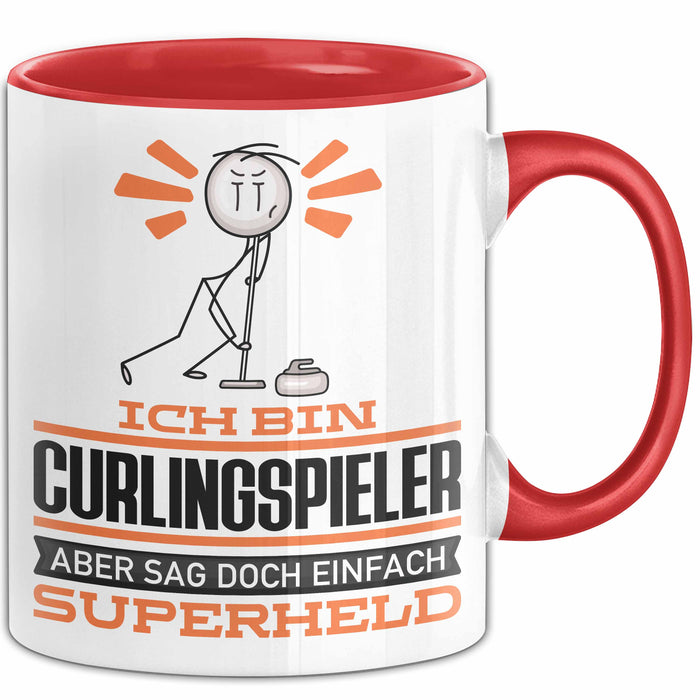 Curlingspieler Geschenk Tasse Ich Bin Curlingspieler Aber Sag Doch Einfach Superheld Lustige Geschenkdiee für Curlingspieler Kaffee-Becher Rot Trendation