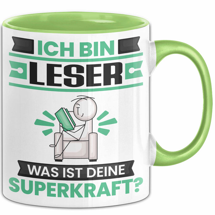 Leser Tasse Geschenk für Leser Geburtstag Lustiger Spruch Kaffee-Becher Was Ist Deine Superkraft Grün Trendation