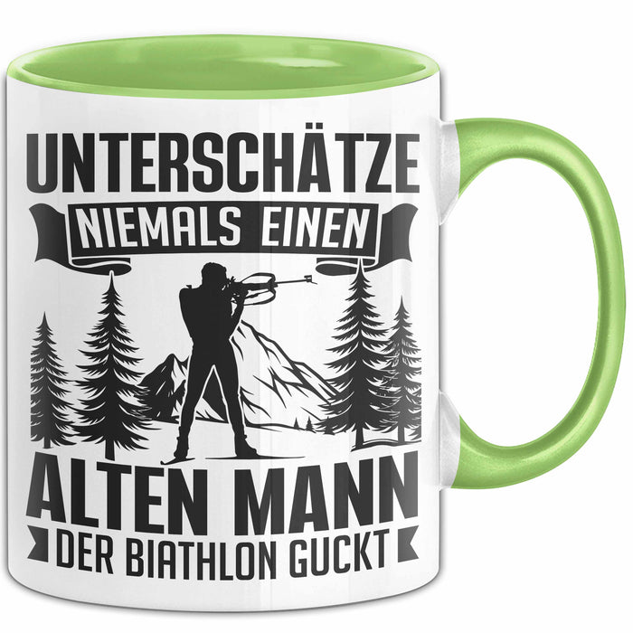 Biathlon Tasse Geschenk Wintersport Geschenke Unterschätze Niemals Einen Alten Mann Der Biathlon Guckt Grün Trendation