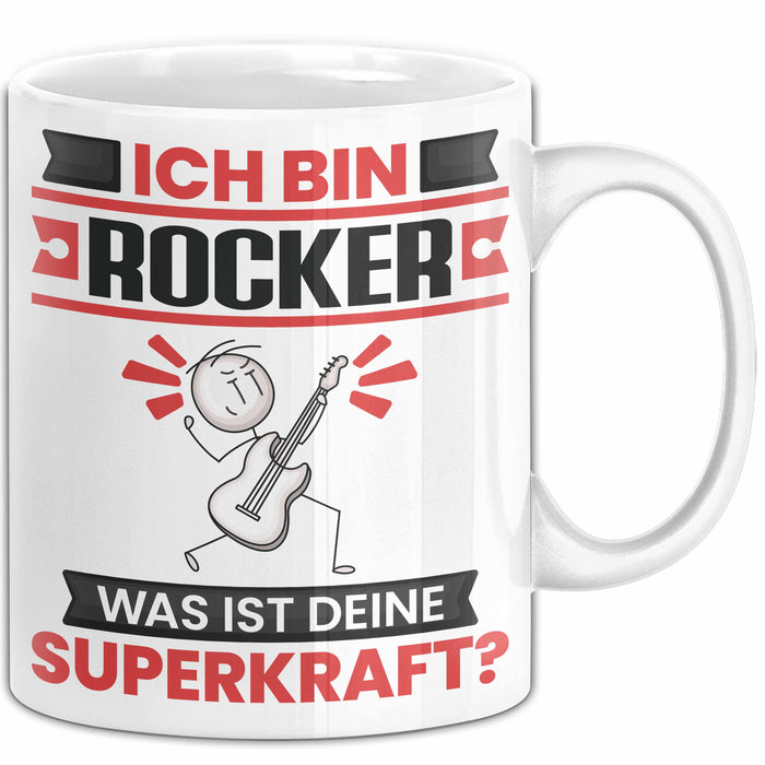 Rocker Tasse Geschenk für Rocker Geburtstag Lustiger Spruch Kaffee-Becher Was Ist Deine Superkraft Weiß Trendation