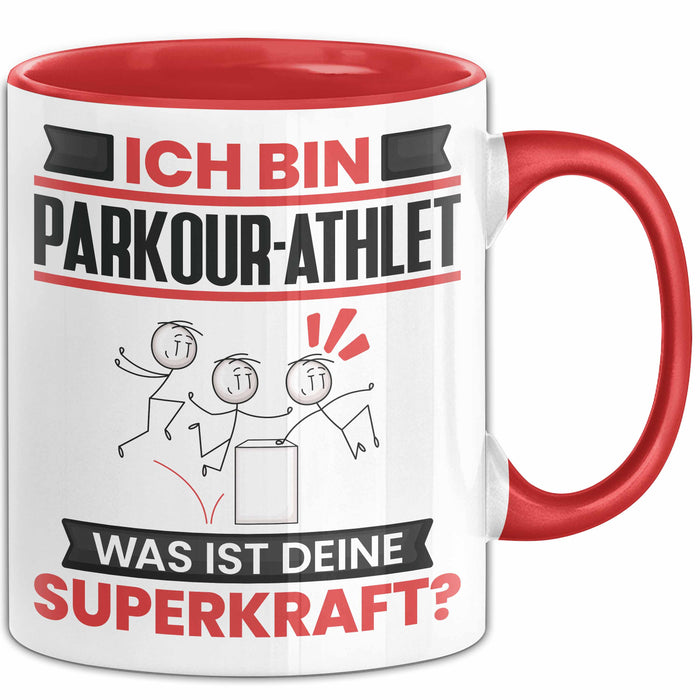 Parkour-Athlet Tasse Geschenk für Parkour-Athlet Geburtstag Lustiger Spruch Kaffee-Becher Was Ist Deine Superkraft Rot Trendation