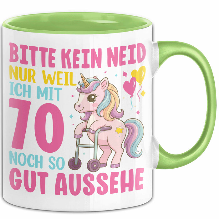 70. Geburtstag Tasse Frauen Geschenk Bitte Nur Kein Neid Nur Weil Ich mit 70 Noch So Gut Aussehe Mama Oma Grün Trendation