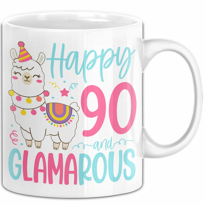90er Geburtstag Tasse Geschenk Happy 90 And Glamarous Llama Alpaka Liebhaber Geschenkidee zum Geburtstag Weiß Trendation