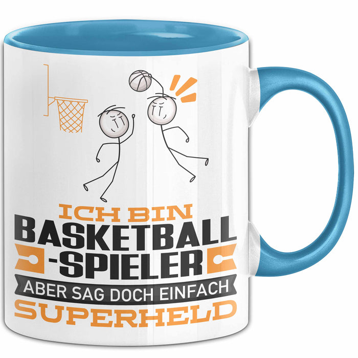 Basketballspieler Geschenk Tasse Ich Bin Basketballspieler Aber Sag Doch Einfach Superheld Lustige Geschenkdiee für Basketballspieler Kaffee-Becher Blau Trendation