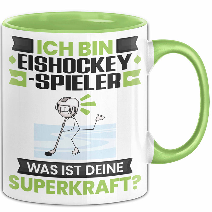 Eishockeyspieler Tasse Geschenk für Eishockeyspieler Geburtstag Lustiger Spruch Kaffee-Becher Was Ist Deine Superkraft Grün Trendation