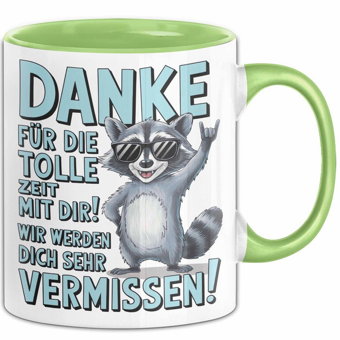 Büro Arbeit Kollege Tasse Becher Geschenk Lustige Geschenkidee Spruch Danke Für Die Tolle Zeit Mit Dir Wir Werden Dich Sehr Vermissen Grün Trendation