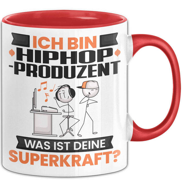 Hiphop-Produzent Tasse Geschenk für Hiphop-Produzent Geburtstag Lustiger Spruch Kaffee-Becher Was Ist Deine Superkraft Rot Trendation