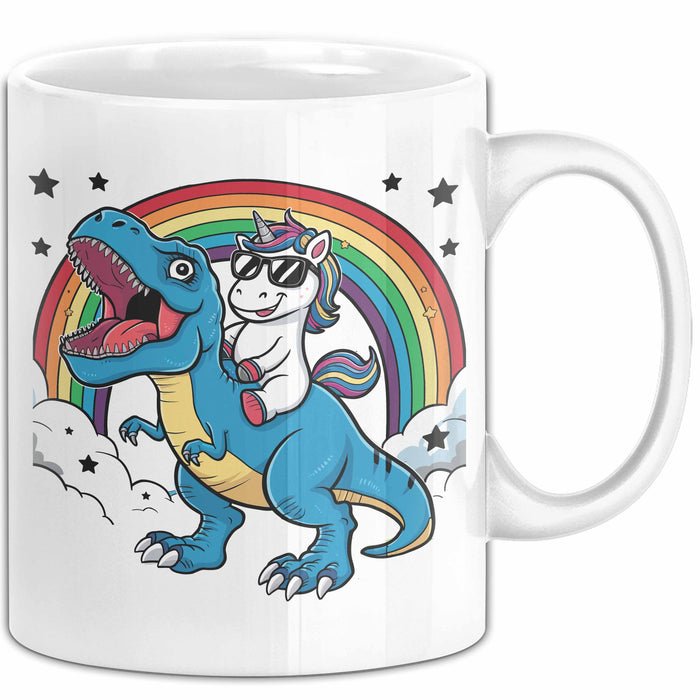 Einhorn Liebhaber Tasse Geschenk Einhorn Reitet Auf Dinosauriere T-Rex Dino Frauen Geschenk Weiß Trendation