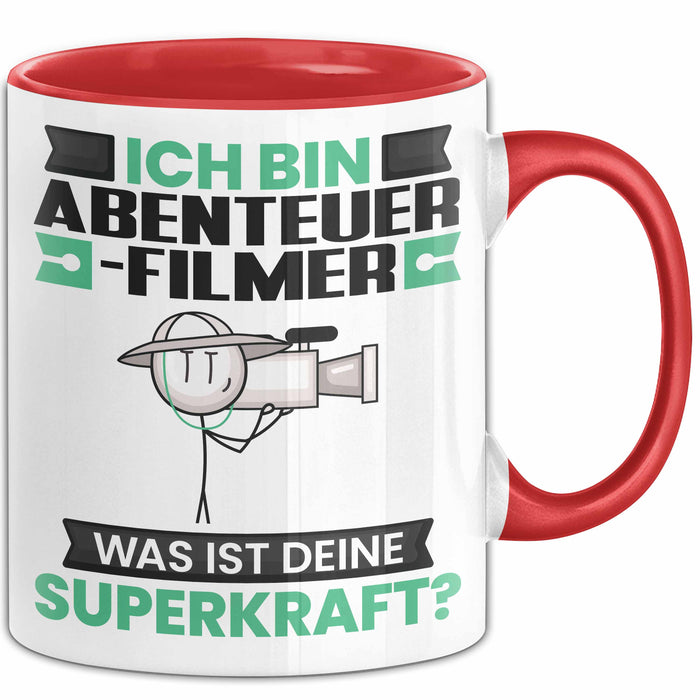 Abenteuerfilmer Tasse Geschenk für Abenteuerfilmer Geburtstag Lustiger Spruch Kaffee-Becher Was Ist Deine Superkraft Rot Trendation