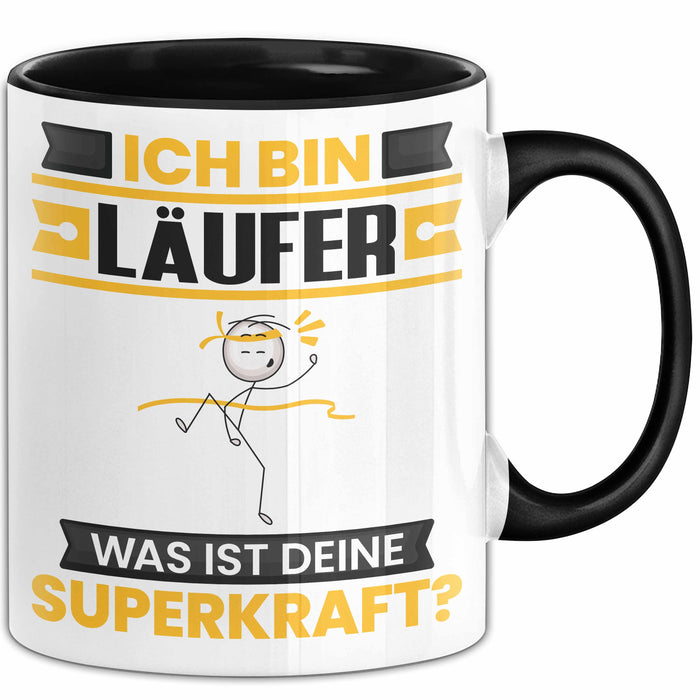 Läufer Tasse Geschenk für Läufer Geburtstag Lustiger Spruch Kaffee-Becher Was Ist Deine Superkraft Schwarz Trendation