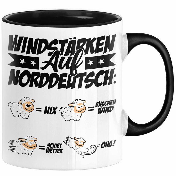 Norddeutsche Tasse Geschenk Windstärken Schaf Kaffee-Becher Geschenkidee Schwarz Trendation